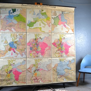 ancienne carte en rouleau Allemagne histoire du développement années 30 Clemens Fischer panneau mural de l'école design vintage aide pédagogique brocante murale