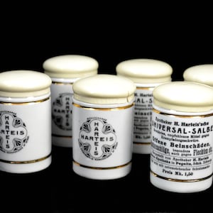 6 viejas latas de ungüento farmacéutico H. Harteis Harteissche ungüento universal 1900 1910 celuloide de porcelana Löwen Apotheke Pegnitz celuloide vintage