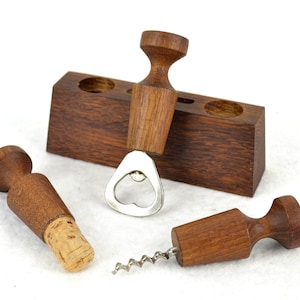Bar set teak wood corkscrew bottle opener cork 50s 60s mid century vintage design retro brocante home bar