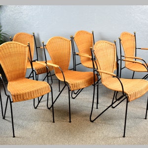 6 Stühle von Frederic Weinberg USA Schmiedeeisen mit Bastgeflecht 50er 60er mid century Vintage Design Weide Korbweide