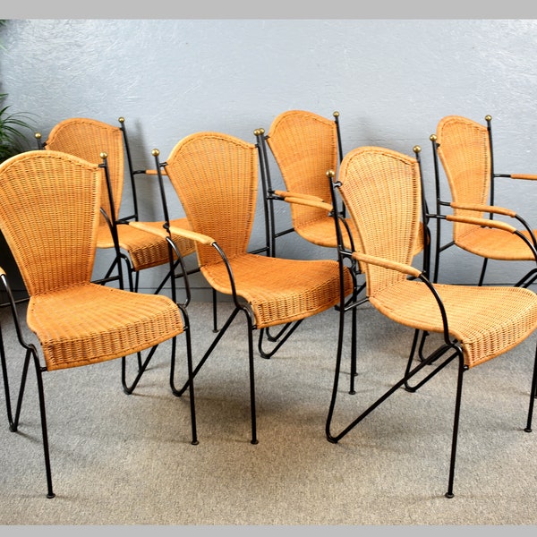 6 chaises de Frederic Weinberg USA en fer forgé avec tissage en raphia années 50 60 milieu du siècle design vintage en osier de saule