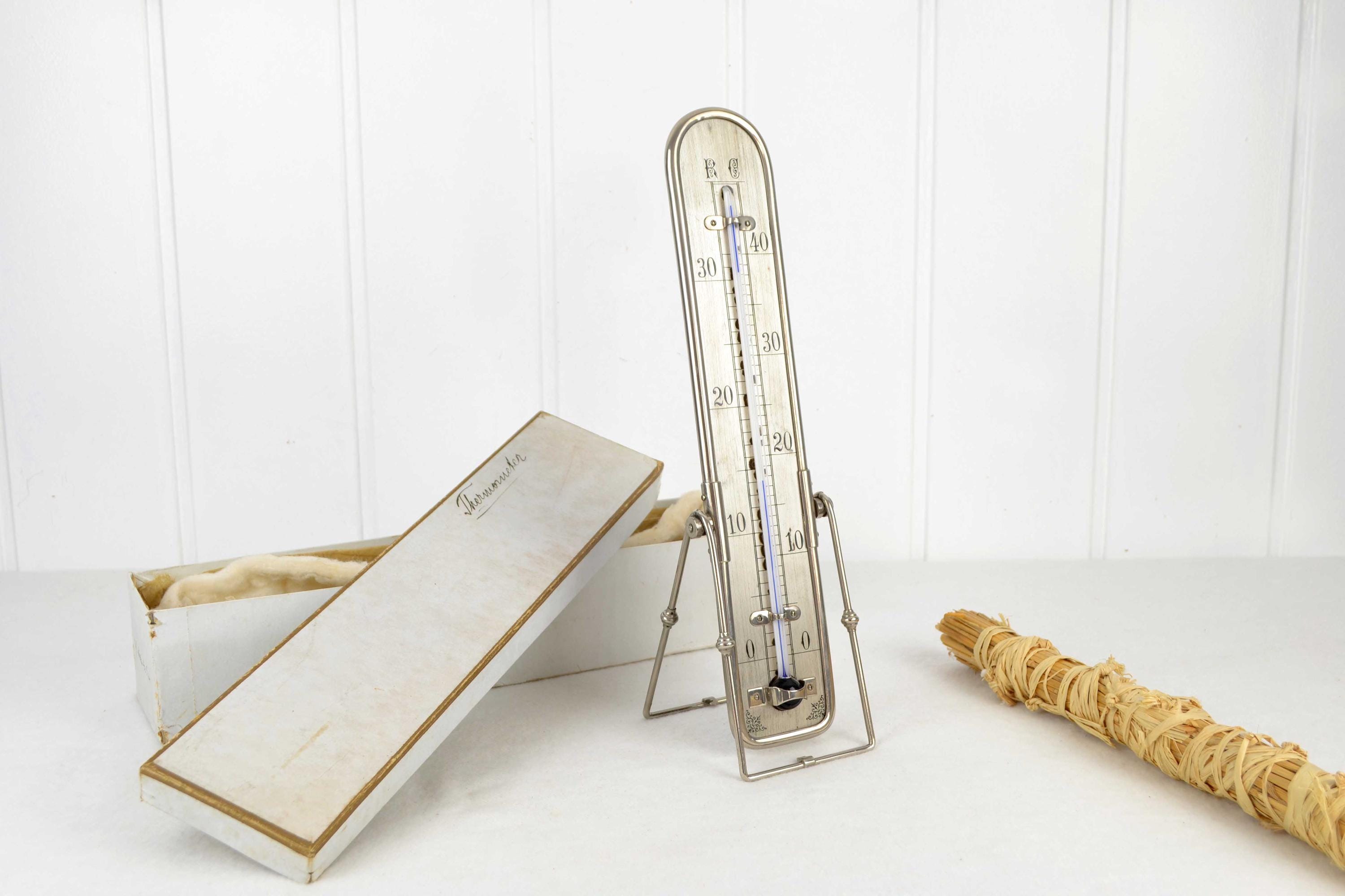 Art Deco table thermometer thermometer 20s 30s chrome nickel-plated OVP stand thermometer vintage design decoration