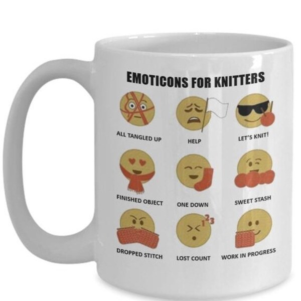 Free Shipping: Emoticons for knitters - knitting humor - knitting mug - knitting gifts