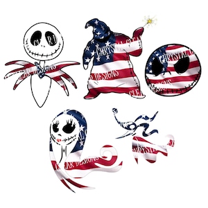 Puede incluir: Cinco imágenes diferentes de personajes de la película Pesadilla antes de Navidad. Cada personaje está representado en un patrón de bandera estadounidense. Los personajes son Jack Skellington, Sally, Oogie Boogie, Zero y el alcalde.