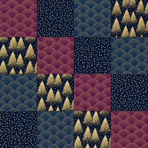 Könnte beinhalten: Ein quadratisches Gittermuster mit sechzehn abwechselnden Feldern. Die Designs umfassen goldene gepunktete Fächerformen auf dunkelviolettem und marineblauem Grund, verstreute goldene Punkte auf Marineblau und goldene Tannenbaumsilhouetten.
