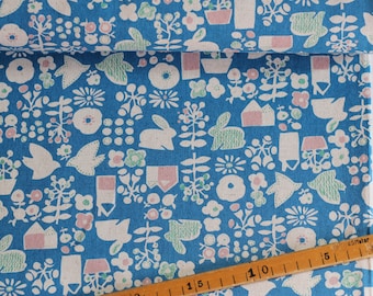 japan stoff cotton flax prints / kaufman by sevenberry / HASEN PFLANZEN blau (20,40 EUR/m)