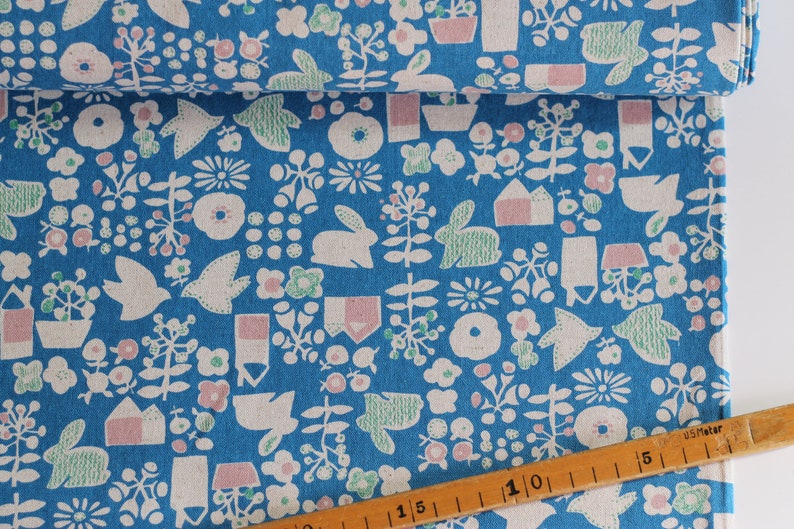 japan stoff cotton flax prints / kaufman by sevenberry / HASEN PFLANZEN blau 20,40 EUR/m Bild 1