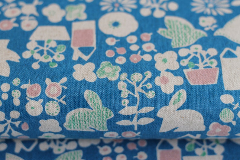 japan stoff cotton flax prints / kaufman by sevenberry / HASEN PFLANZEN blau 20,40 EUR/m Bild 2