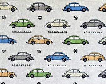 1 m+ tissu décoratif VW BEETLE | imprimé coloré aspect lin | Tissu sous licence (12,80 EUR/mètre)