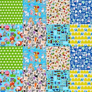 Könnte beinhalten: Ein Patchwork-Stoff mit sechzehn Quadraten in verschiedenen Mustern, darunter grüne Elefanten, blaue Szenen mit Kindern und Tieren, geometrische Dreiecke, Transportmittel, Blumenmotive und gelbe Bögen mit blauen Elefanten.