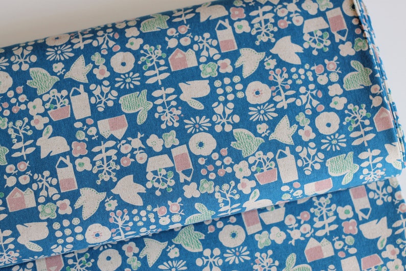 japan stoff cotton flax prints / kaufman by sevenberry / HASEN PFLANZEN blau 20,40 EUR/m Bild 3