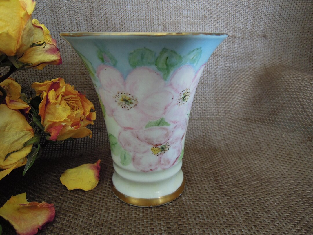 Vintage Hand Painted Porcelain Vase: Floral Design, Gold Trim, 1963 - Etsy