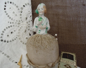 Vintage Porcelain Half Doll Pincushion: 1930s Sewing Decor