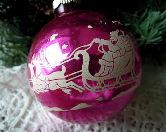 Vintage Shiny Brite Santa Sleigh Ornament, Fuchsia Pink 1950s
