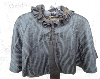 Antique Silk Victorian Mourning Cape: Damask Pattern, Lace Trim