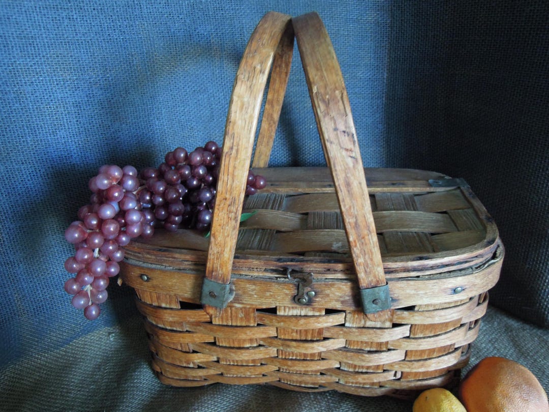 Antique Woven Oak Splint Picnic Basket With Hinged Lid, Bentwood ...