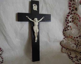 Vintage Inri Crucifixion with Metal Jesus on Wooden Cross