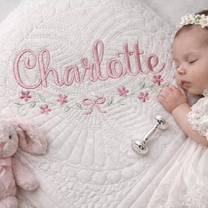 Personalized Heirloom Baby Quilt, Custom Embroidered Name Blanket, Baby Girl Gift, Baptism Gift, Nursery Keepsake