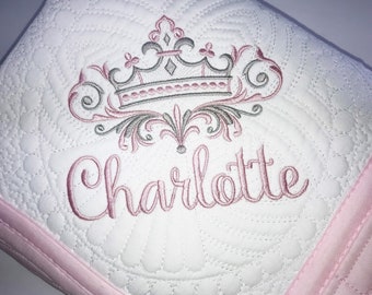 Heirloom Baby Quilt, Personalized Baby Girl Royal Princess Tiara Crown Baby Blanket, Personalized Baby Girl Keepsake Gift, Baby Shower Gift