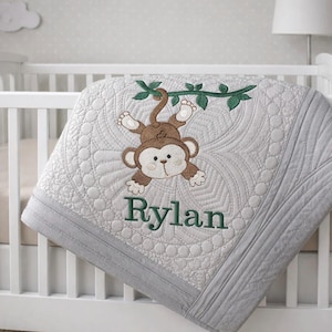 Gepersonaliseerde aap geborduurde babyquilt, erfstukdeken