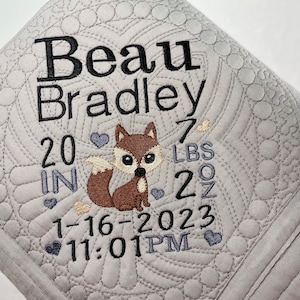 Fox Heirloom Baby Quilt, Personalized Baby Boy Woodland Animals Birth Announcement, New Baby Gift Blanket