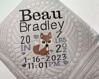 Fuchs Erbstück Baby Quilt, personalisierte Baby Boy Waldtiere Geburtsanzeige, neue Baby Geschenk Decke