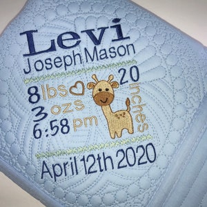 Heirloom Baby Quilt, Personalized Baby Boy or Girl Giraffe Birth Statistic Baby Quilt, Baby Keepsake Gift Blanket, Newborn Baby Gift