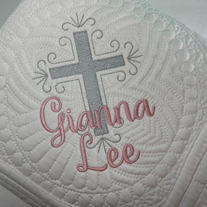 Baby Baptism Blanket, Heirloom Baby Quilt, Christening/Confirmation GiftPersonalized Baby Girl Cross Quilt, Embroidered Keepsake Blanket