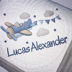 Personalized Baby Boy Helicopter Plane Heirloom Baby Quilt, Personalized Airplane Keepsake Quilt Blanket, Baby Keepsake Gift with Name