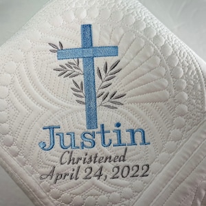 Heirloom Baby Quilt, Baby Boy Christening or Baptism Blanket, Personalized Baby Boy Cross Quilt, Baby Keepsake Blanket, Baby Baptism Gift