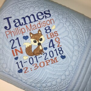 Heirloom Baby Quilt, Personalized Baby Boy Fox, Woodland Animals Birth Announcement Baby Quilt Blanket