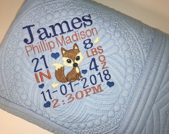 Personalisierte Baby Quilt, Fuchs Waldtiere, gestickte Geburtsdaten