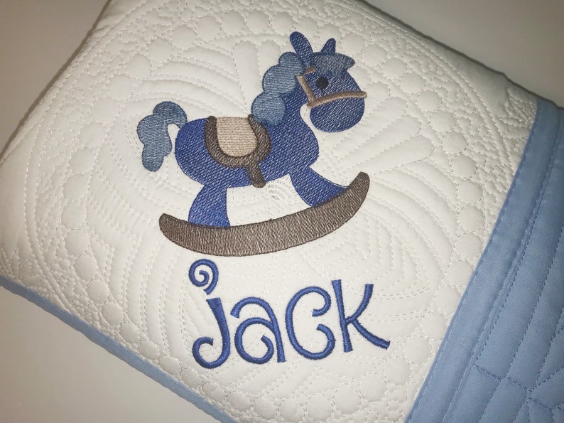 Personalized Baby Boy or Girl Rocking Horse Heirloom Baby Quilt Keepsake Blanket image 3