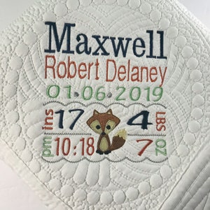 Personalized Baby Boy Fox Woodland Animal Birth Announcement Heirloom Baby Quilt Blanket, Custom Embroidered Baby Gift