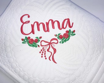 Heirloom Baby Quilt, Personalized Floral Baby Girl Christmas Quilt Blanket, Baby’s 1st Christmas Keepsake Gift, Nursery Baby Blanket