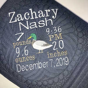 Heirloom Baby Quilt, Personalized Baby Boy Mallard Duck Birth Statistic Blanket Quilt, Custom Heirloom Baby Quilt, Newborn Baby Gift