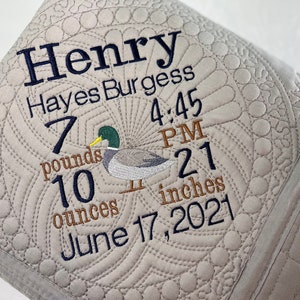 Heirloom Baby Quilt, Personalized Baby Boy Mallard Duck Birth Statistic Blanket Quilt, Custom Heirloom Baby Quilt, Newborn Baby Gift