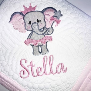 Personalized Baby Girl Heirloom Baby Quilt with Princess Elephant, Personalized Elephant Baby Shower Gift, Baby Keepsake Gift with Elephant