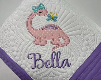 Personalized Baby Girl Dinosaur Quilt, Embroidered Keepsake Blanket