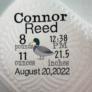 Heirloom Baby Quilt, Personalized Baby Boy Mallard Duck Birth Statistic Blanket Quilt, Custom Heirloom Baby Quilt, Newborn Baby Gift