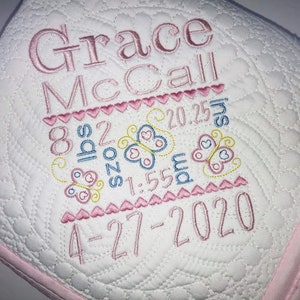 Butterfly Heirloom Baby Quilt, Personalized Baby Girl Butterfly Birth Statistic Announcement Keepsake Quilt Blanket