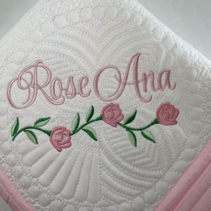 Heirloom Baby Quilt with Floral Roses, Personalized Baby Girl Rose Blanket with Name, Personalized Baby Keepsake, Baby Shower Gift
