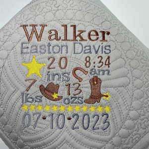 Personalized Cowboy Heirloom Baby Quilt, Personalized Baby Boy Western Themed Cowboy Birth Statistic Announcement Quilt Blanket
