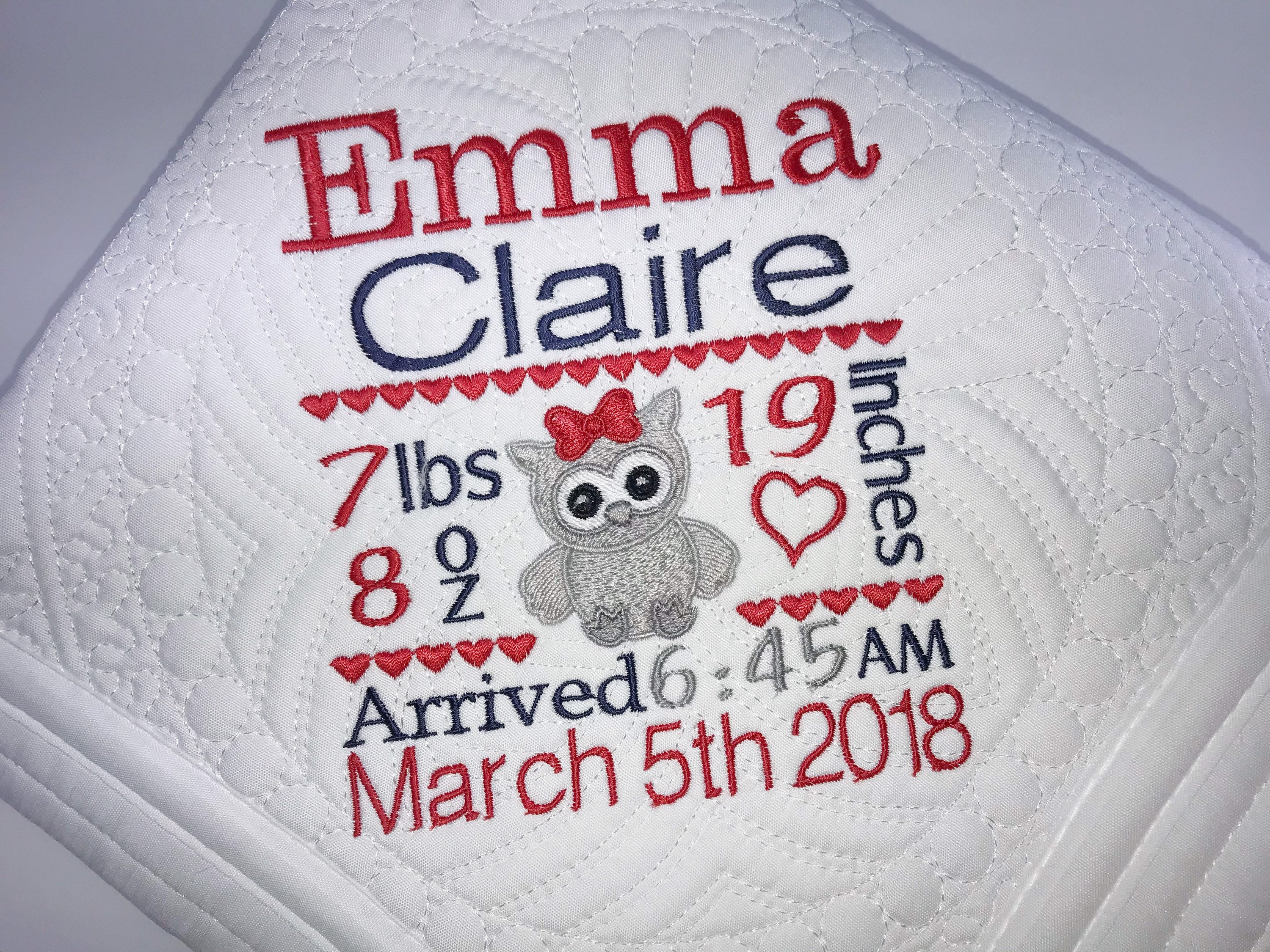 Heirloom Baby Quilt, Embroidered Personalized Baby Girl Owl Birth Statistics Blanket, Baby Keepsake