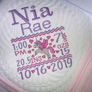 Unicorn Heirloom Baby Quilt, Personalized Baby Girl Unicorn Birth Statistic Announcement Keepsake Quilt Blanket