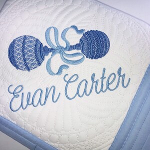 Personalized Baby Boy Heirloom Baby Quilt, Newborn Heirloom Baby Quilt with Baby Rattle, Baby Keepsake Gift, Baby Shower Gift