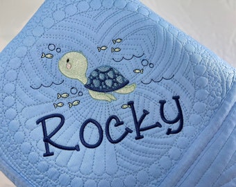 Personalized Sea Turtle Baby Quilt Blanket, Embroidered Keepsake Blanket, Personalized Gift