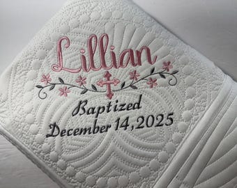 Personalized Baptism Quilt for Baby Girl, Heirloom Christening Keepsake Gift from Godparents, Embroidered Baptism Blanket with Name & Date