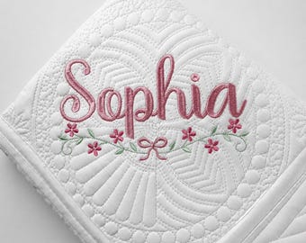Personalized Heirloom Baby Quilt, Custom Embroidered Name Blanket, Baby Girl Gift, Baptism Gift, Nursery Keepsake