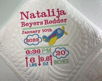 Gepersonaliseerde vliegtuigbabyquilt, aankondiging geboortestatistieken, aandenkendeken